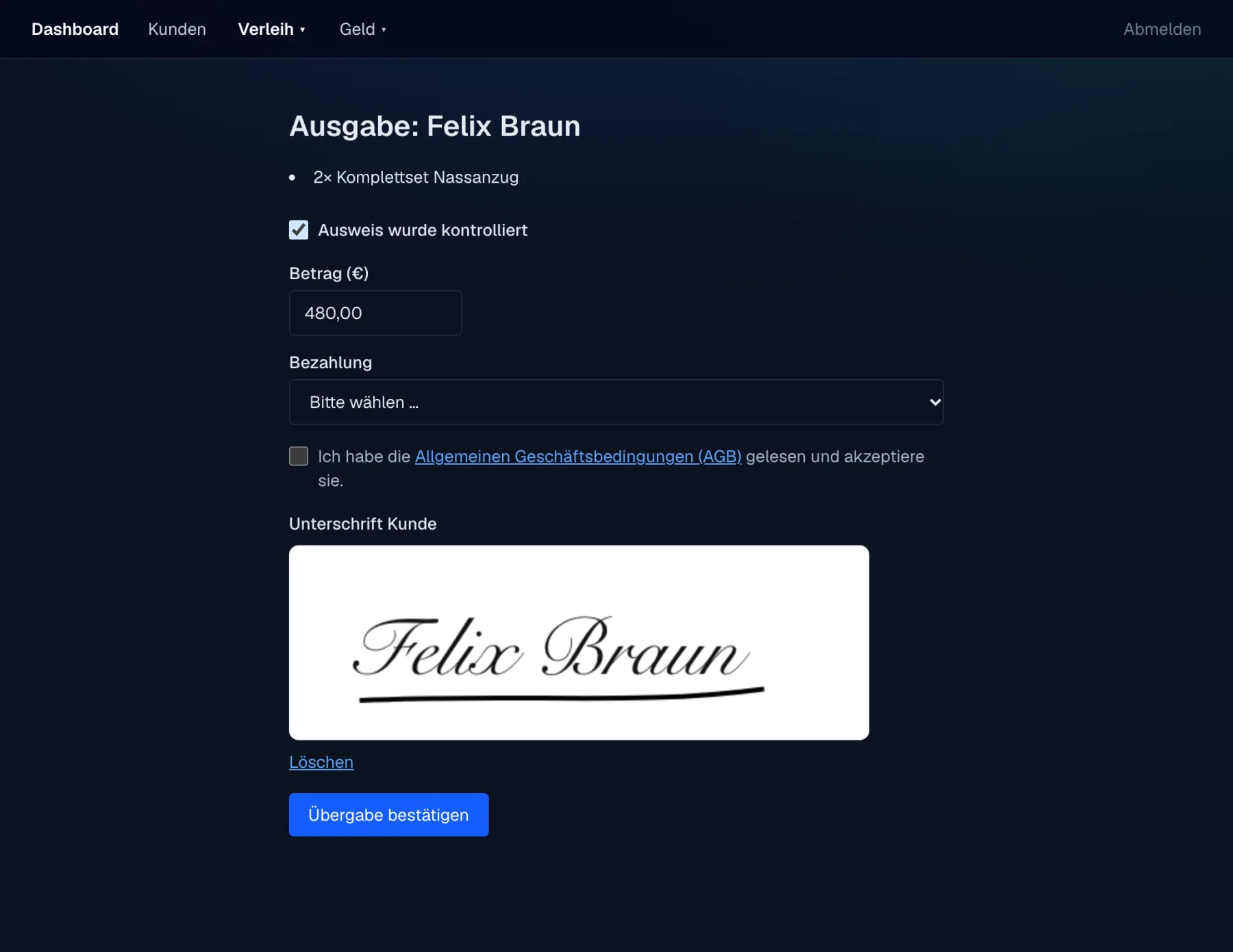 Ausgabe mit Unterschriftsfeld auf dem Tablet