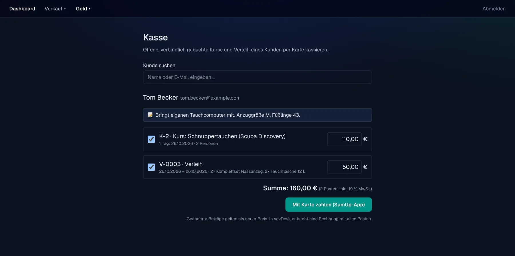 Kasse mit zwei offenen Posten eines Kunden