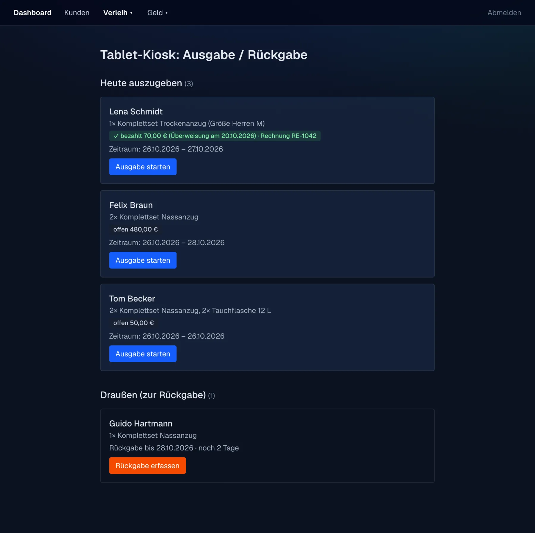 Kiosk-Ansicht auf dem Tablet