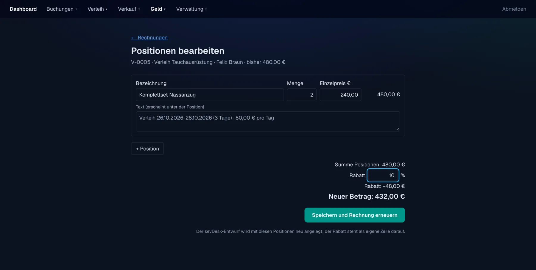 Rechnungspositionen mit Rabatt bearbeiten