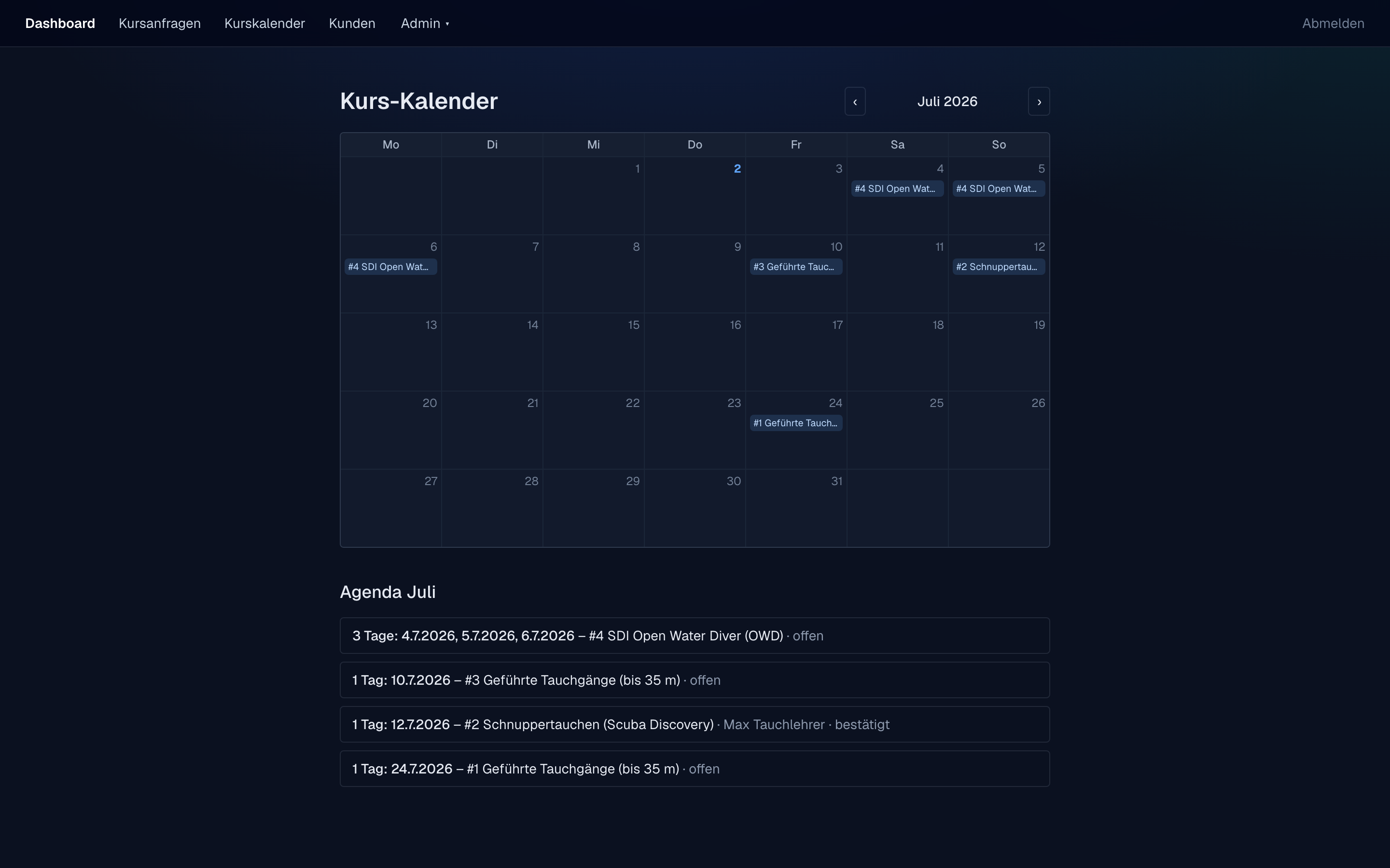 Kurskalender mit Agenda